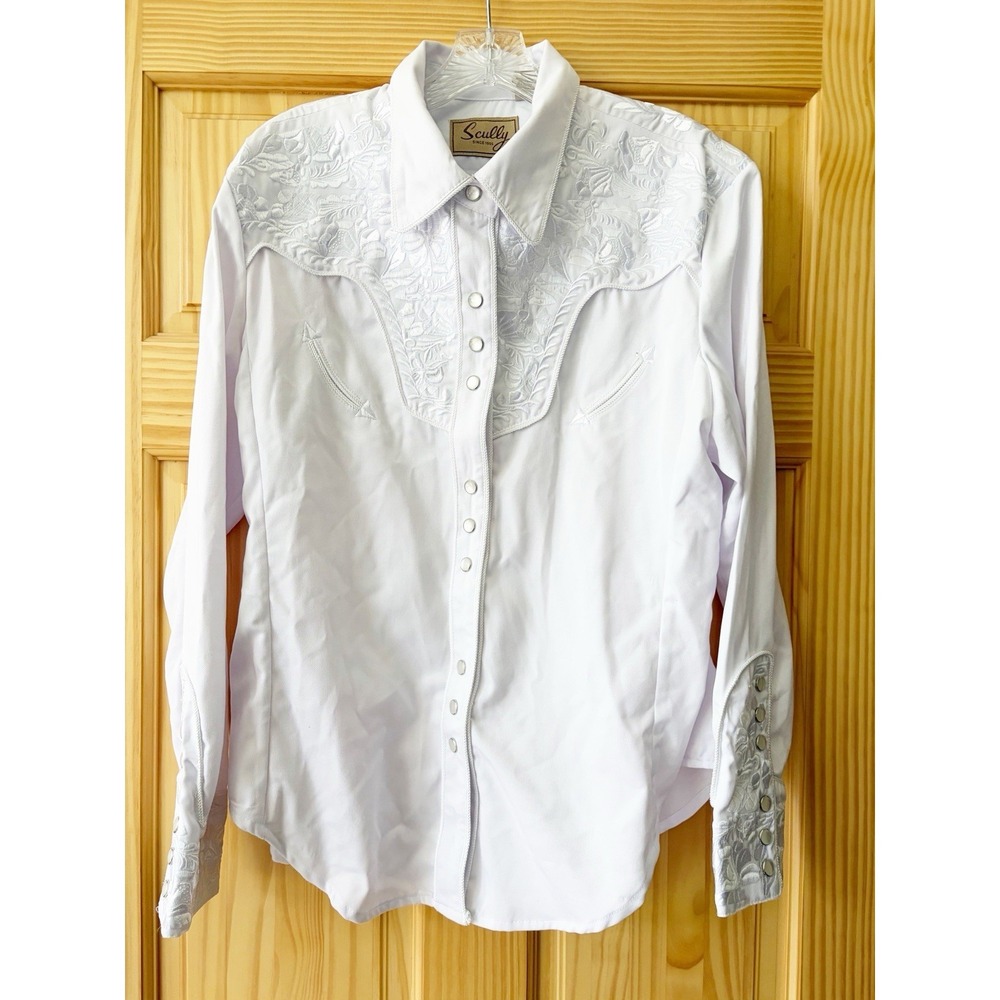 Scully Western Shirt Women's Floral Tooled Embroidered Blouse White Pearl Snap